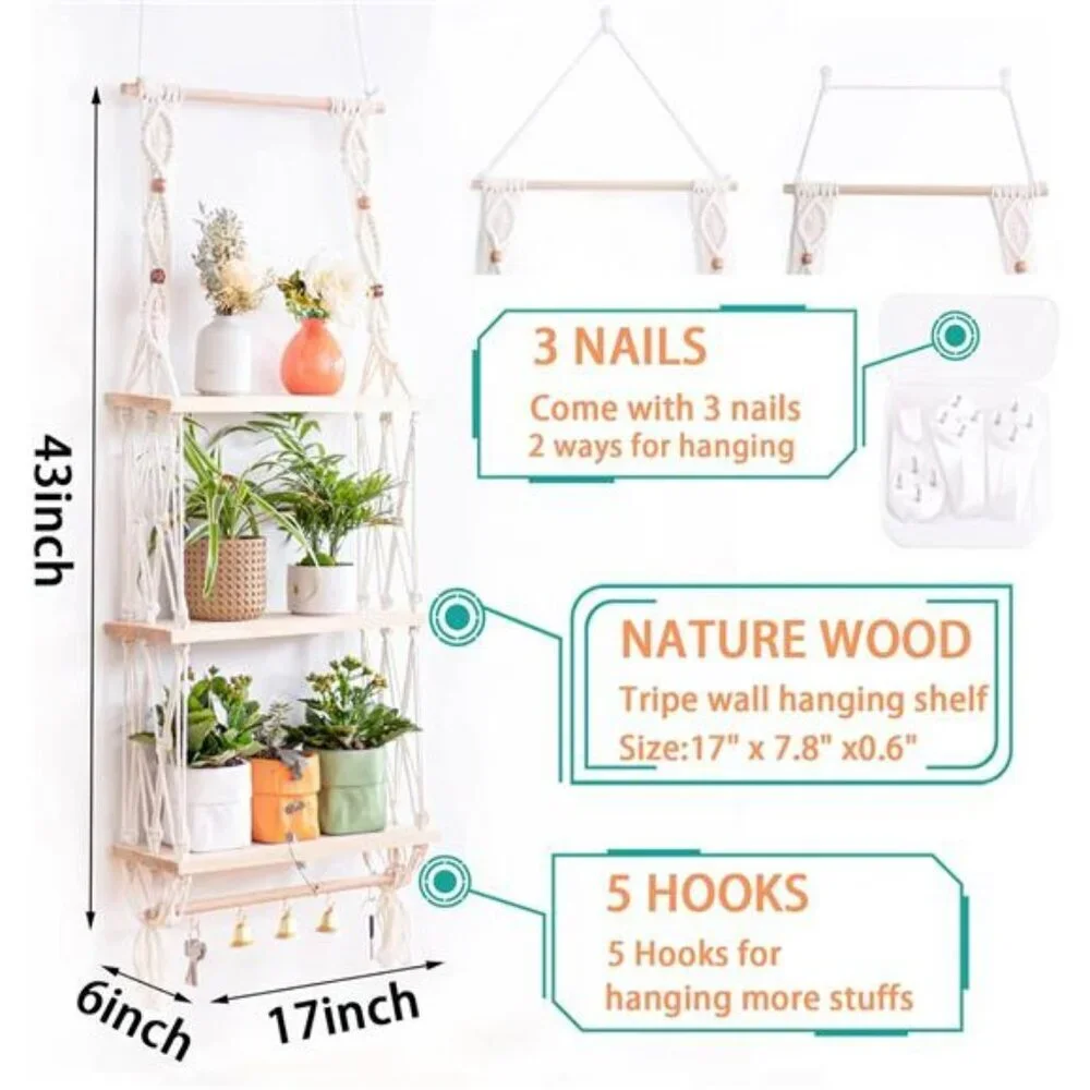 Macrame Wall Hanging Shelf 3 Tier Wood Boho Floating Shelf with Hooks Rack